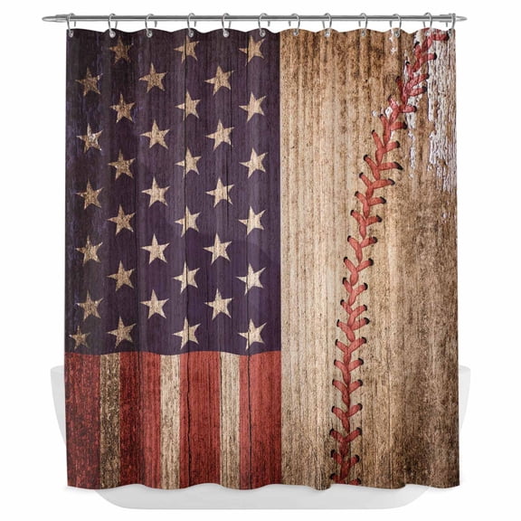 Xipuska American Flag Vintage Shower Curtain - Water Repellent Fabric Shower Curtains Washable, Farmhouse Baseball Blue Red Decorative Polyester Cloth Bathroom Curtains Modern Bath Decor 66"x72"