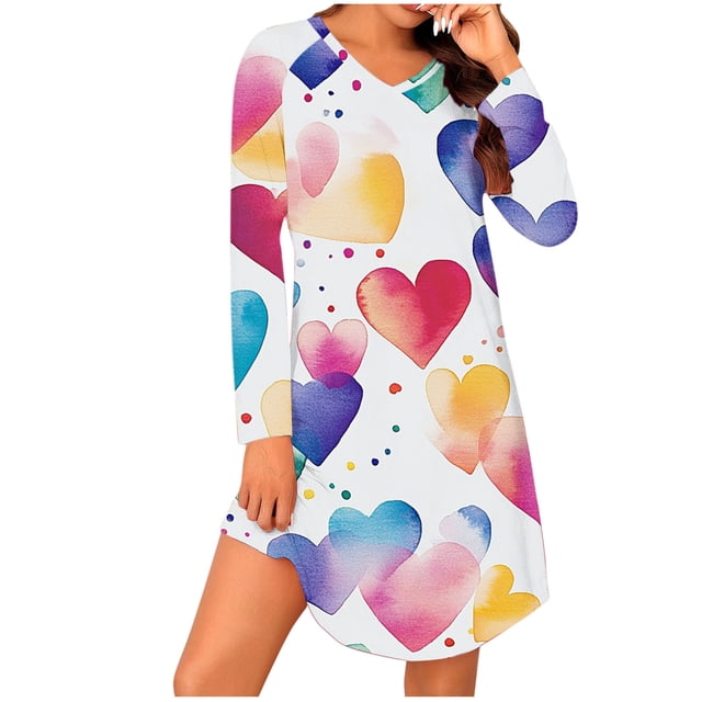 Jgppe Robe Tunique à Manches Longues pour Femmes Décontractée Imprimé Saint-Valentin Chandail Chemises de Nuit Vêtements de Nuit
