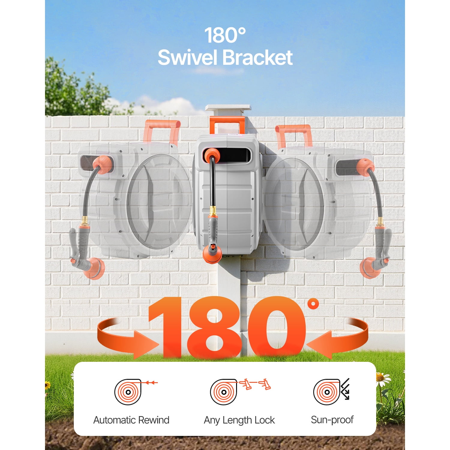 KFFKFF Retractable Hose Reel 84ft x 1/2in, Wall-Mounted Garden Hose Reel with 9-Function Nozzle, Lawn Watering Hose Reel 180° Swivel Bracket, Adjustable Length Lock, Upgraded Slow Return System