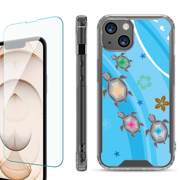 Shockproof Bumper Phone Case for iPhone 13, with Tempered Glass Screen Protector, by OneToughShield ® - Happy Turtle