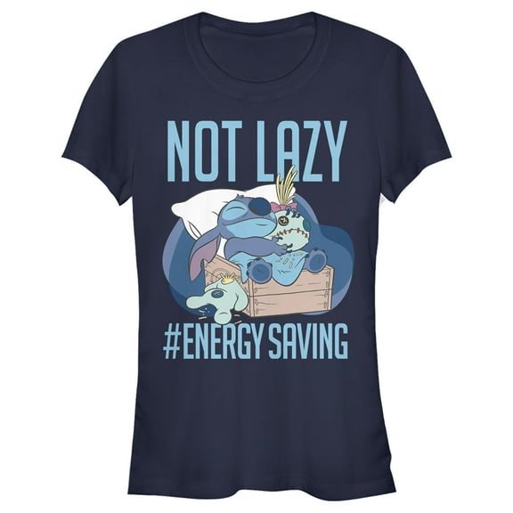 Junior's Lilo & Stitch Not Lazy, Saving Energy Graphic Tee Navy Blue Small