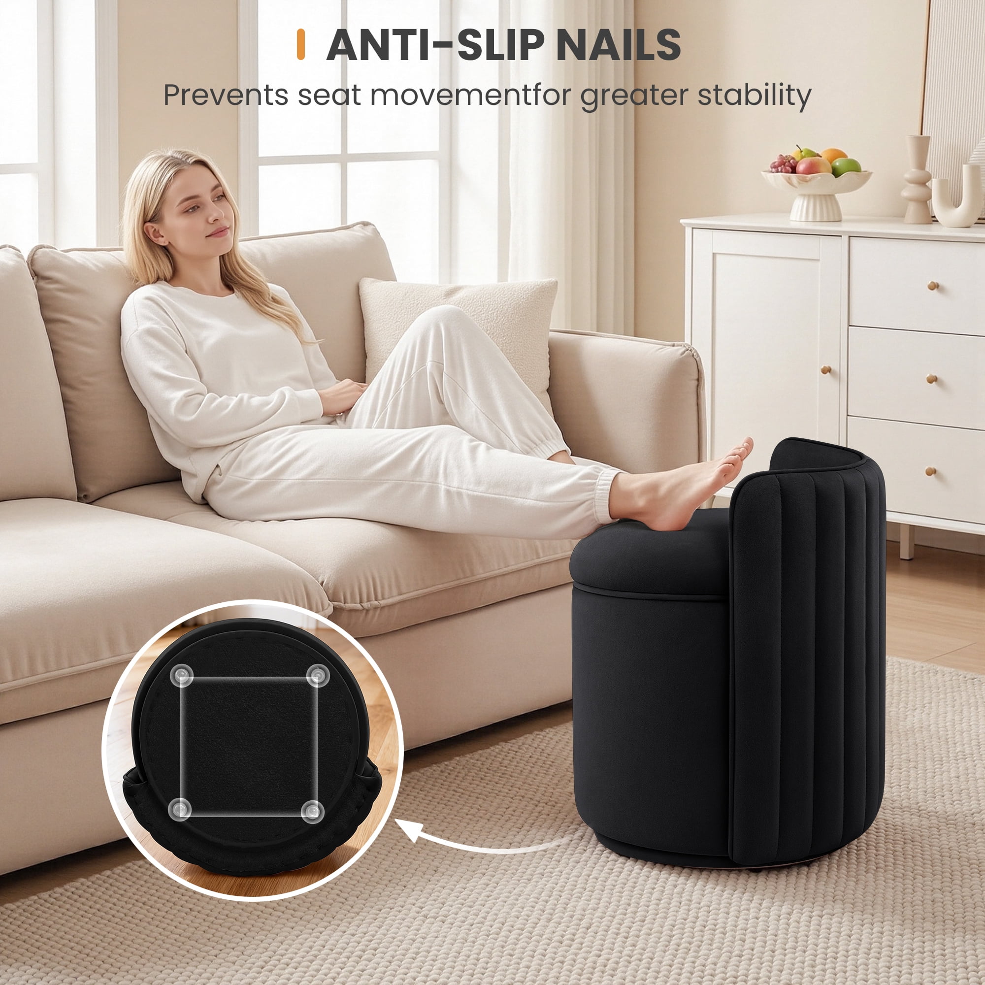 ATHOPE Vanity Chair with Storage, Velvet 360° Swivel Chair with Back, Modern Round Upholstered Bedroom Chair, Comfy Makeup Chair for Dressing, Living Room, No Assembly Required, Black