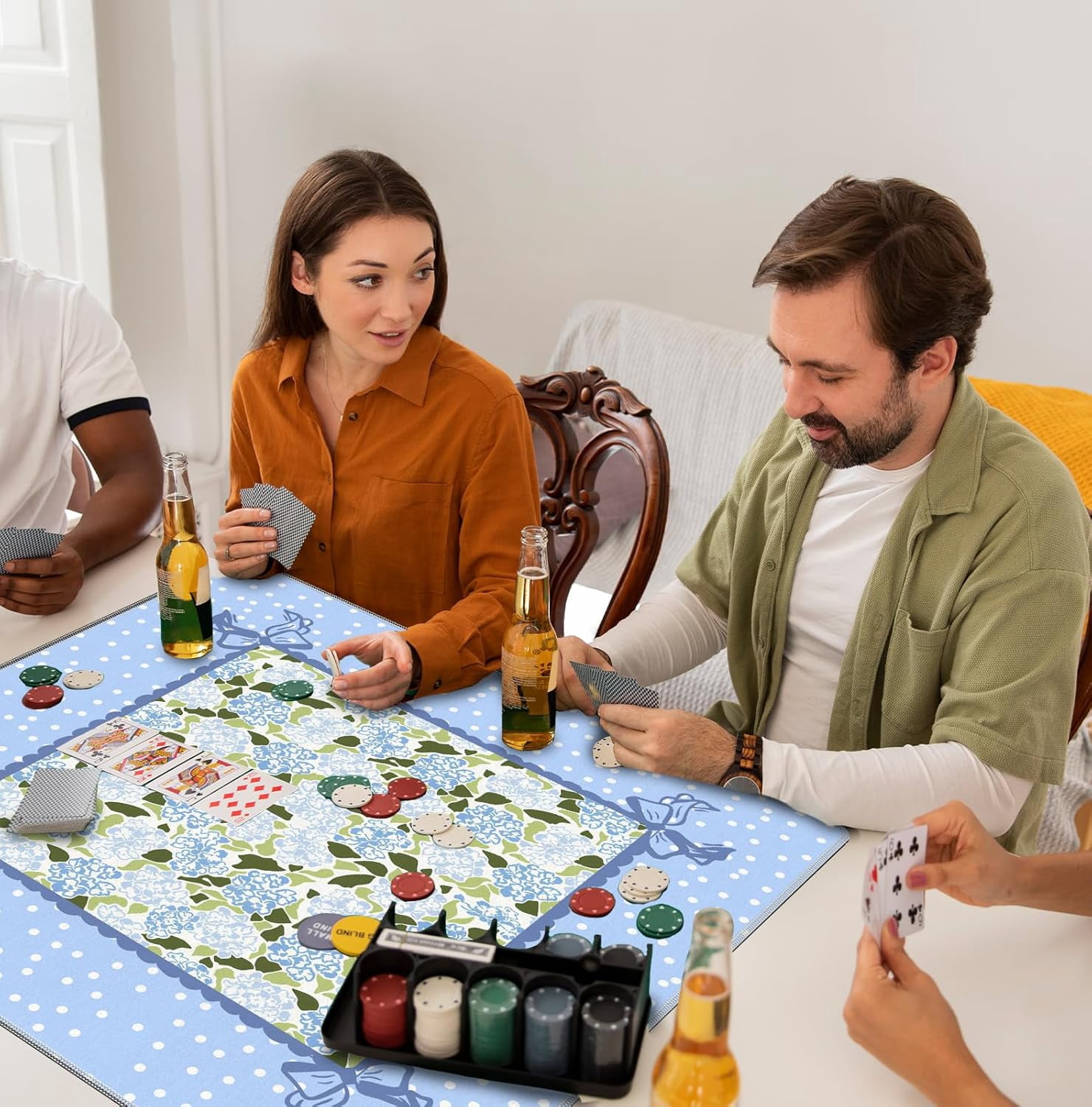 Coquette Blue Hydrangea Mahjong Mat 31.5" x 31.5",Blue and Green Floral Non-Slip Noise Reduction Mahjong Table Cover Accessories and Supplies for Dominoes Poker Card Board and Tile Games Gifts