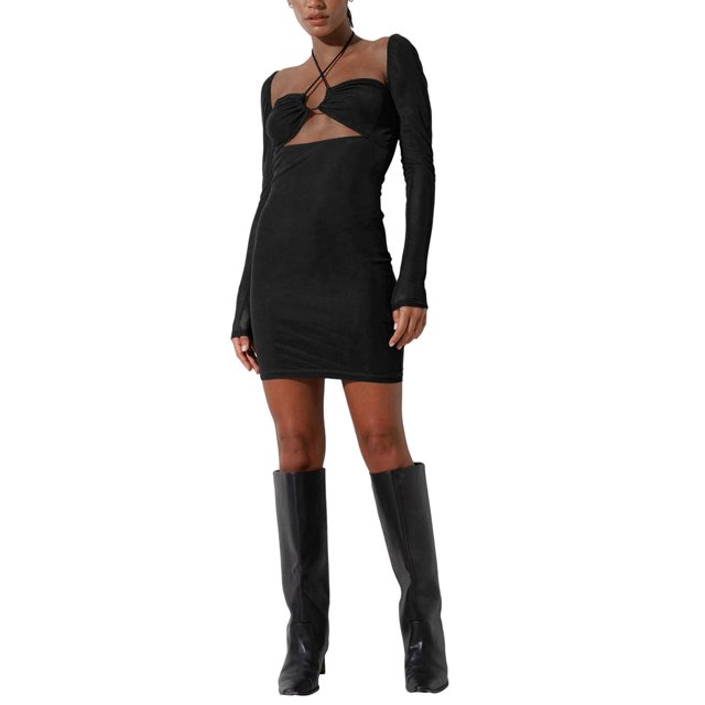 VISgogo Vestido ajustado de verano de color sólido para mujer, diseño de corte en el pecho plisado de manga larga Casual de una pieza VISgogo moda