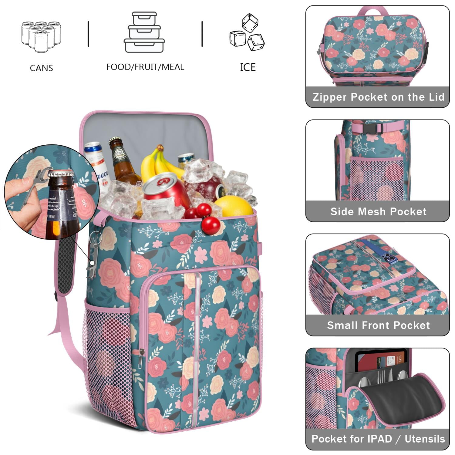 Travel Cooler Bag - Pioneer Flower Floral Print Pattern Camping Beer Cooler Backpack with Bottle Opener- Waterproof Insulated Picnic Backpacks - Cooler Bag for Beach