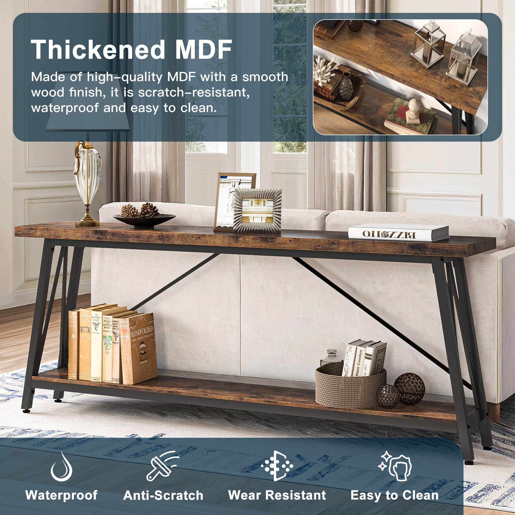 Demi Bonn 70.9" Console Table, Rustic Vintage Narrow Sofa Table for Entryway, Living Room, Hallway, Brown & Black