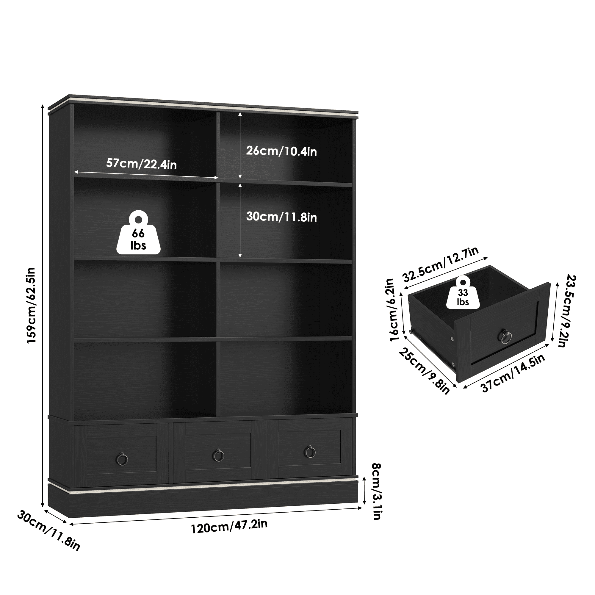 Homfa Tall Bookshelf with Drawers, Double Row 8 Cube 47'' Wide Bookcase for Living Room Office Small Space, Black