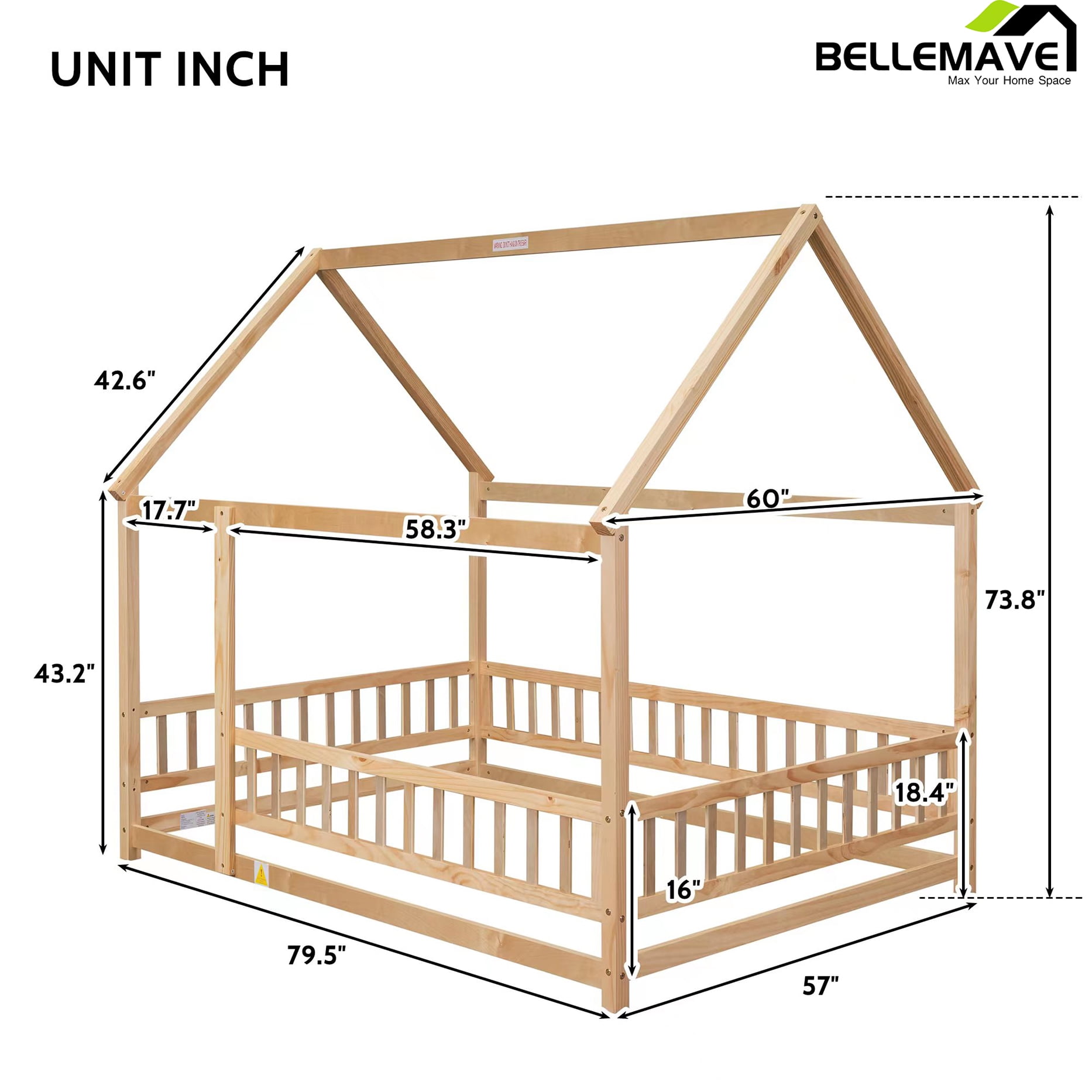 Bellemave Full Floor Bed, Wood Full Size House Bed Frame with Fence, Montessori Floor Bed for Bedroom（Natural)