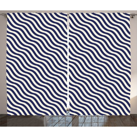 White And Navy Striped Curtains Navy Blue Decor Curtains 2 Panels Set, Wave like Striped Lined Design on Dark Blue Background Artwork, Window Drapes for Living Room Bedroom, 108W X 84L Inches, Dark Blue and White, by Ambesonne ()