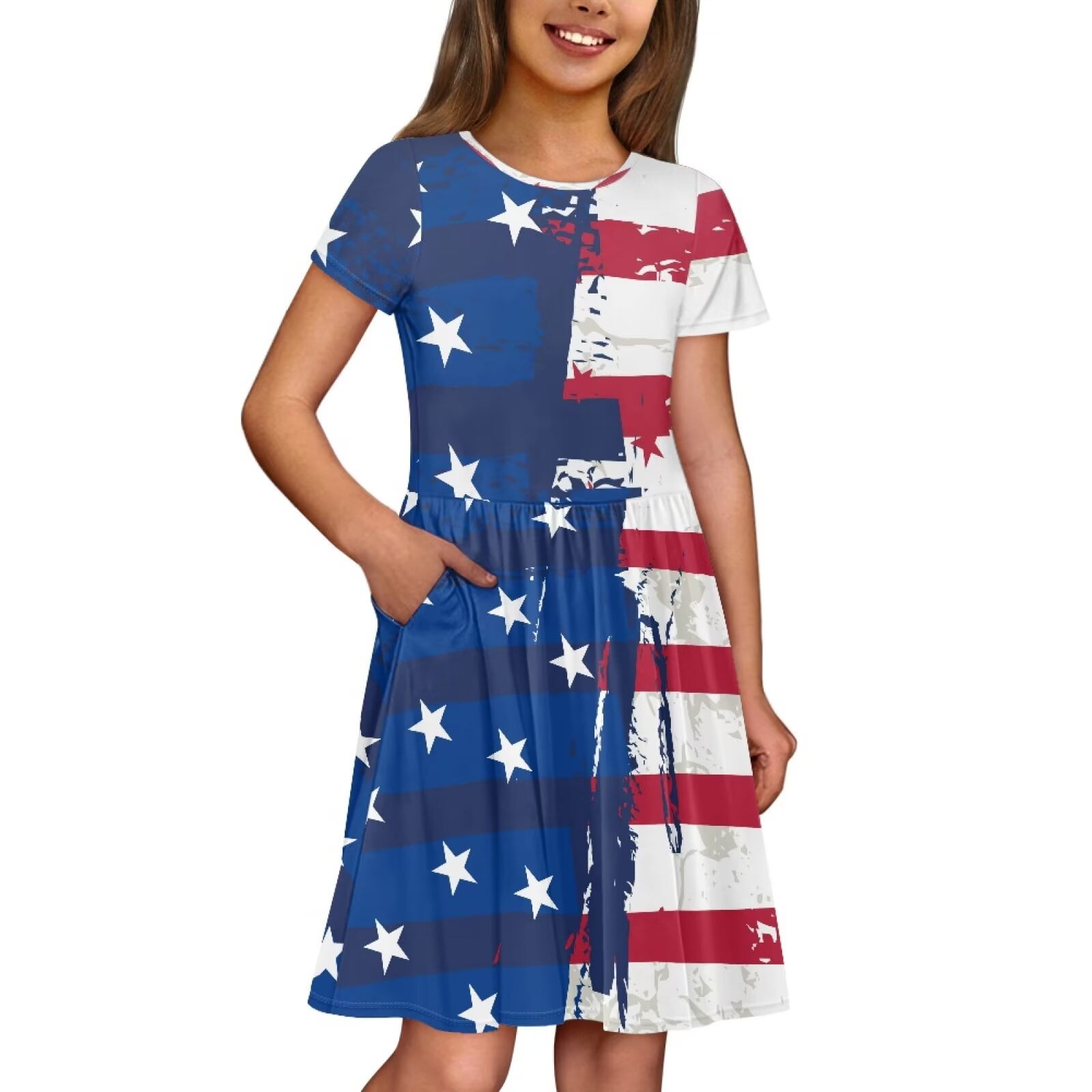 Uourmeti American Flag Patriot Short Sleeve Swing Dress for Toddler Girls Independence Day Casual Crew Neck Midi Trendy Knee A-Line Party Dresses with Pockets July 4 Clothing