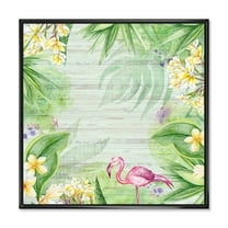 Designart 'Yellow Flowers, Tropical Foliage With Flamingo I' Modern Framed Canvas Wall Art Print