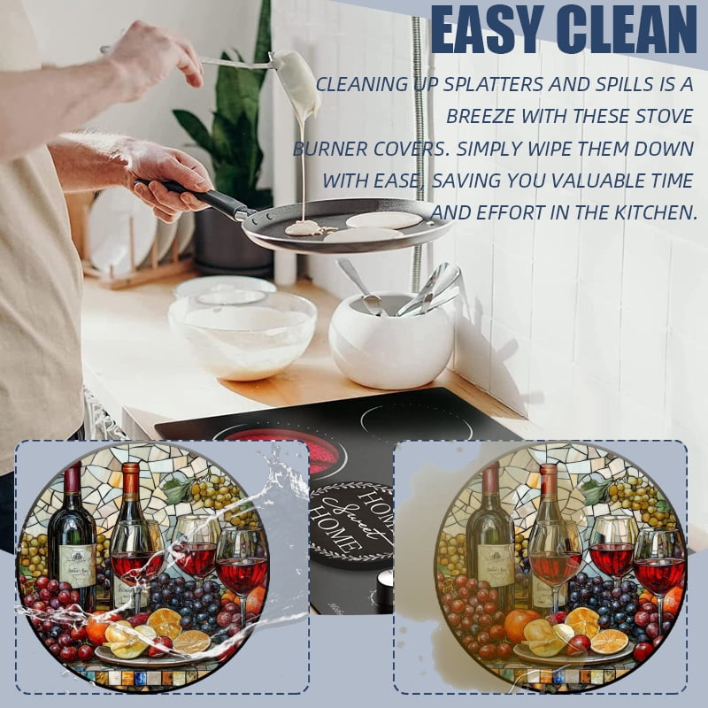 4 Pieces Wine Round Stove Burner Covers Set, Wine Glass and Grapes Fruit Gas Stove Burner Covers Expands Usable Space for kitchen, 2 Pieces 8 Inches and 2 Pieces 10 Inches