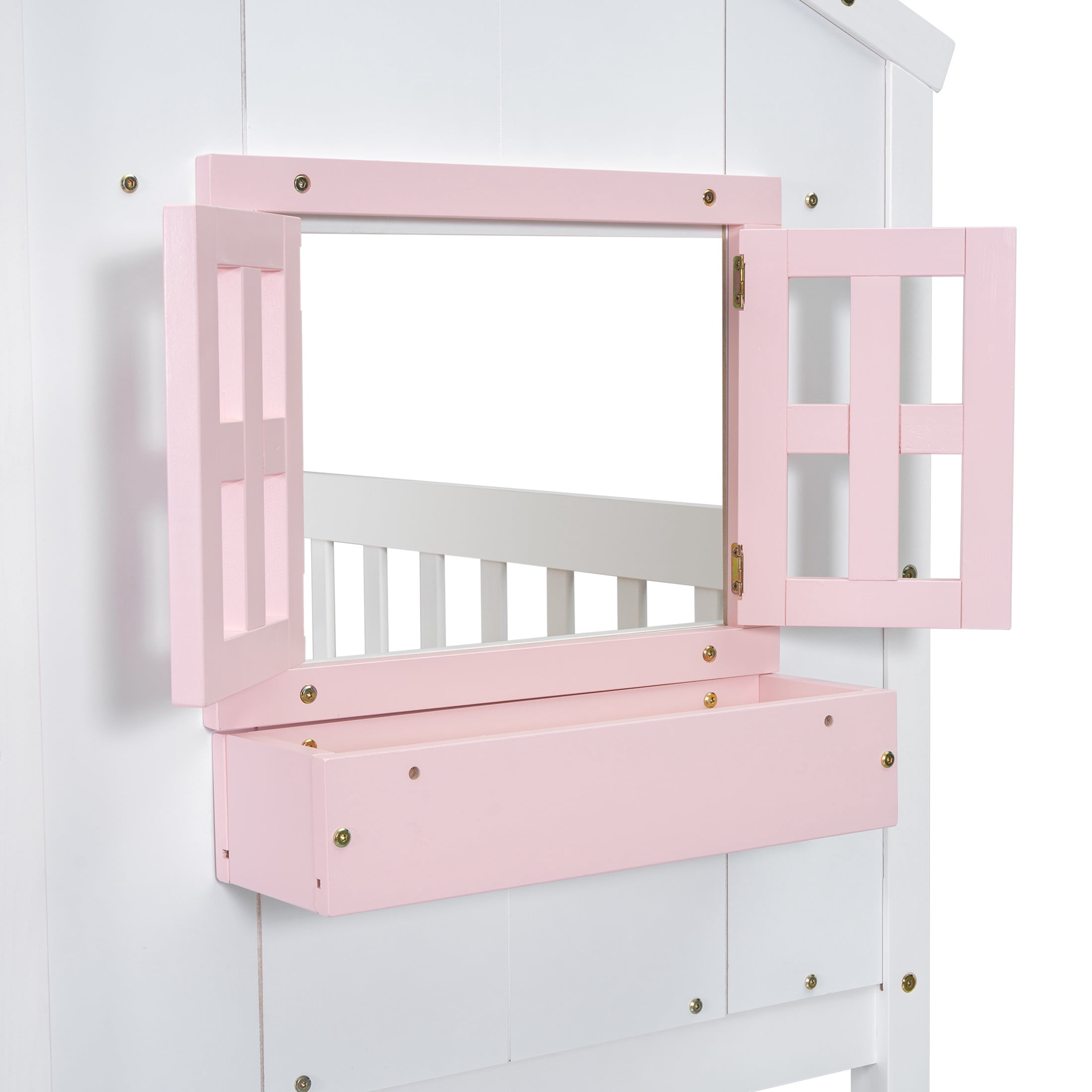Noble House Twin Over Twin House Bunk Bed, Pine Wood Frame with Safety Guardrails and Ladder, Pink + White