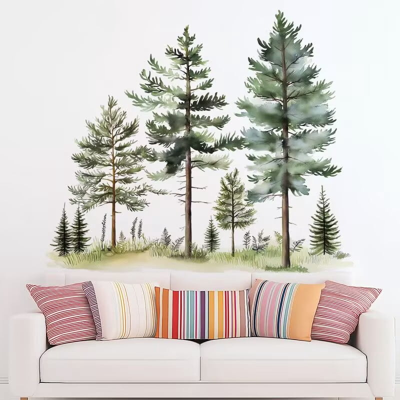 Watercolor Tree Wall Stickers Small Pine Tree Wall Decals Green Tree Wall Window Stickers Removable Forest Tree Wall Decals Peel and Stick Small Tree Wall Decals for Bedroom Living Room