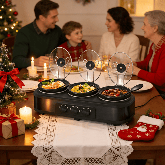 3 Pot Slow Cooker Set, Triple Slow Cooker with 3×1.5QT Removable Ceramic Crocks, 4.5QT Total, Adjustable Temperature for Family Dinner & Party,SL