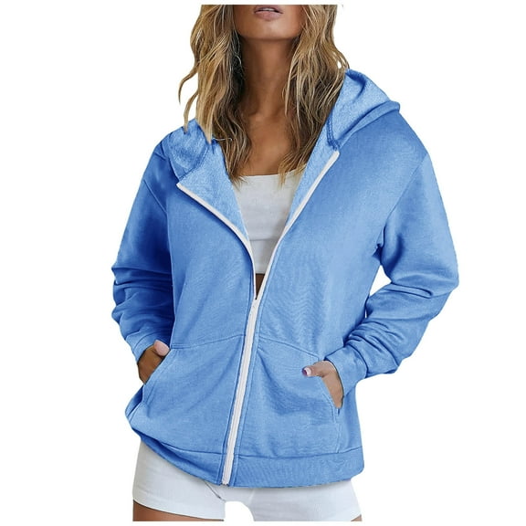Htigea Sweatshirt Jackets for Women Full Zip Long Sleeve Hoodies Casual Loose Fit Coats with Pockets Fall Winter Clothes Light Blue S