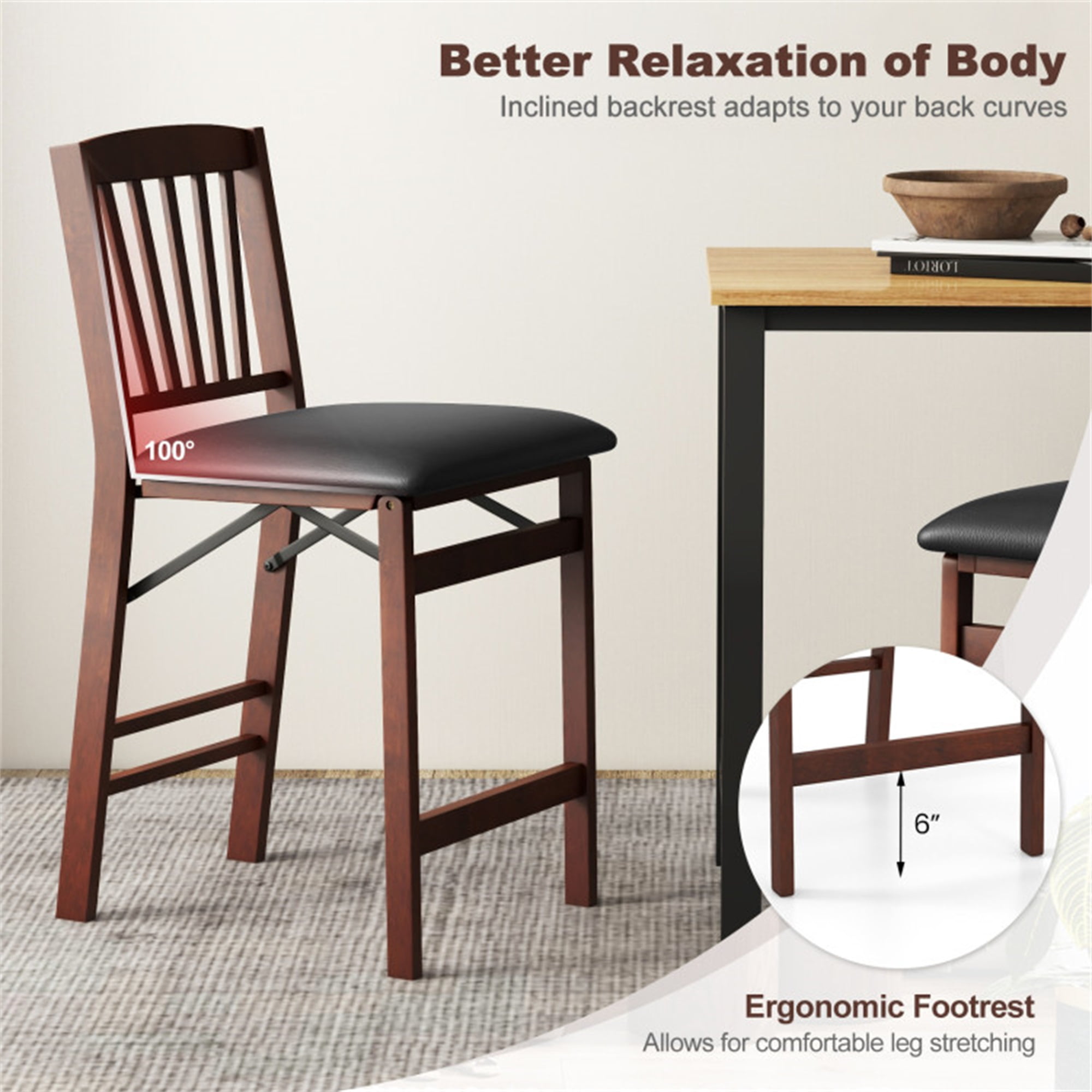 Demi Bonn Set of 2 Counter Height Dining Chairs Folding Kitchen Island Stool with Padded Seat, Brown