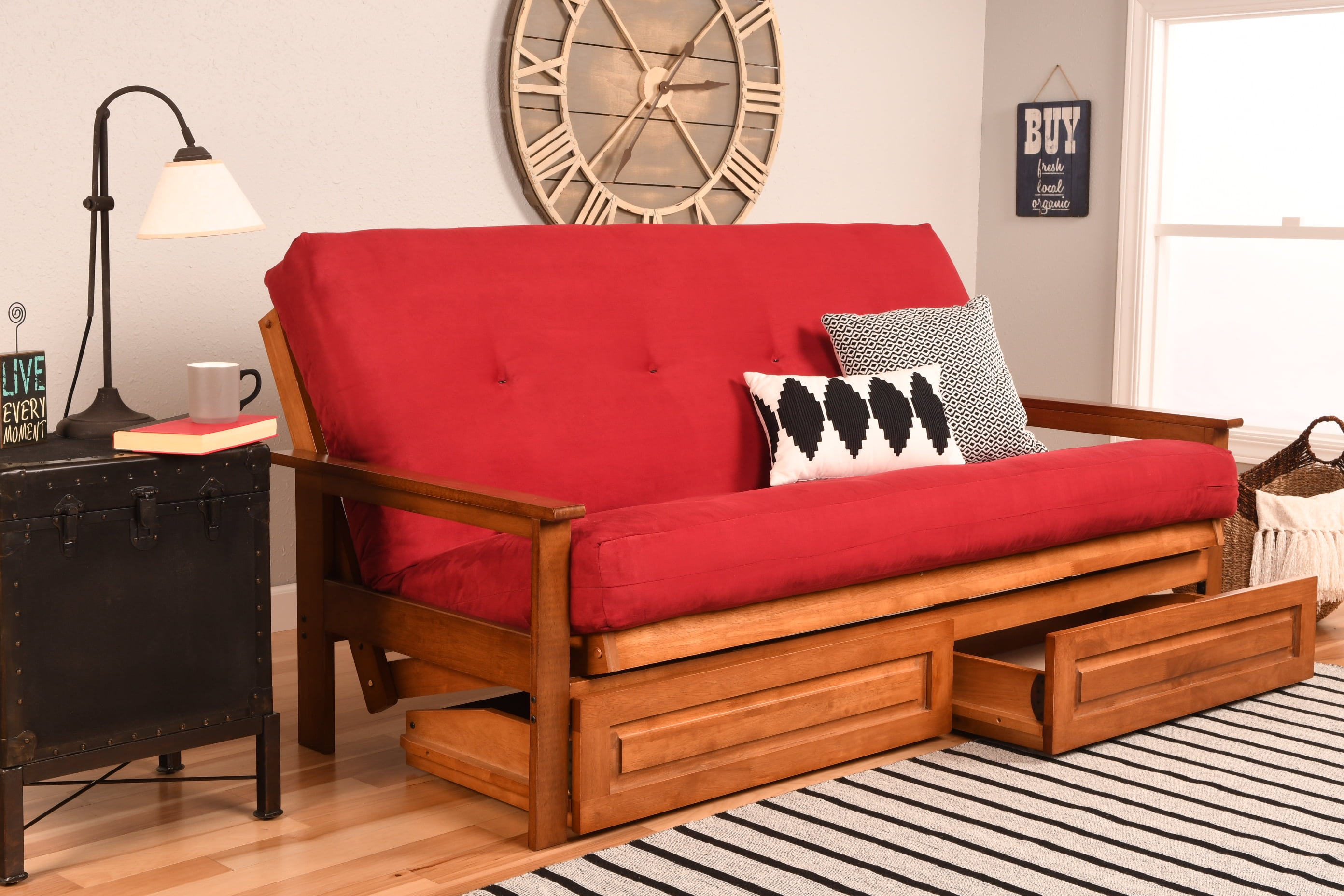 Albany Futon with storage in Barbados Finish, Multiple Suede Colors