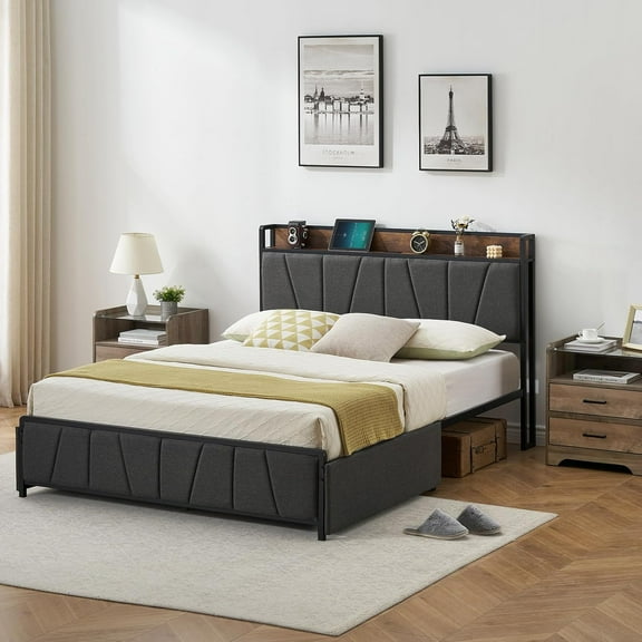 Queen Bed Frame with Storage Headboard, 2 Drawers, Charging Station, Linen Upholstered, No Box Spring, Grey&Brown