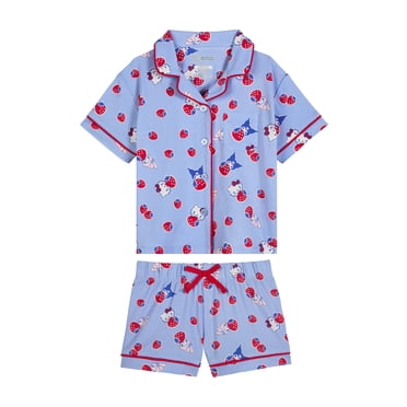 Hello Kitty x Wonder Nation Girls Short Sleeve Notch Collar Top and Short Pajama Set, 2-Piece, Sizes 4-18
