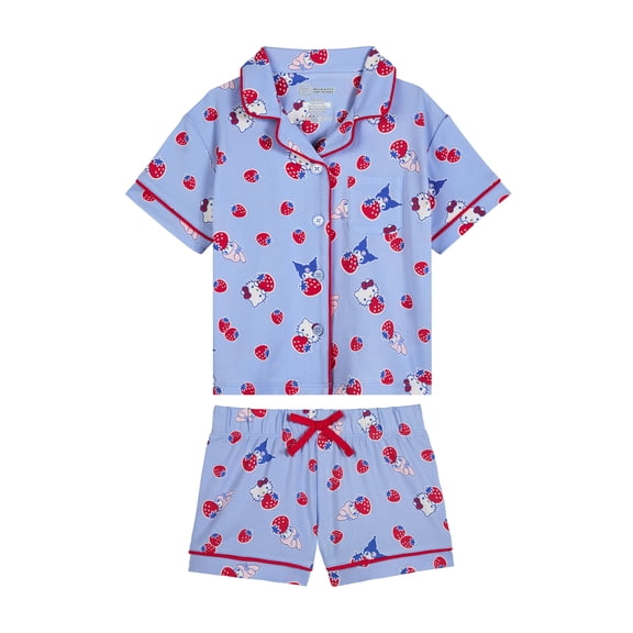 Hello Kitty x Wonder Nation Girls Short Sleeve Notch Collar Top and Short Pajama Set, 2-Piece, Sizes 4-18