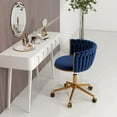 thumbnail image 3 of ABET Vanity Chair with Wheels, Small Velvet Office Desk Chair, Hand Woven Semi-Circle Makeup Stools for Girls Women Bedroom Nail Table, 360° Swivel & Height Adjustable Gold Base Armchair, Navy Blue, 3 of 18