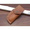 thumbnail image 5 of 7.5" Folding Knife with 3.5" blade, Ram horn scale with Damascus bolster Hand Forged Damascus steel, Thumb knob & liner lock, Cow hide leather sheath (Ram Horn), 5 of 6