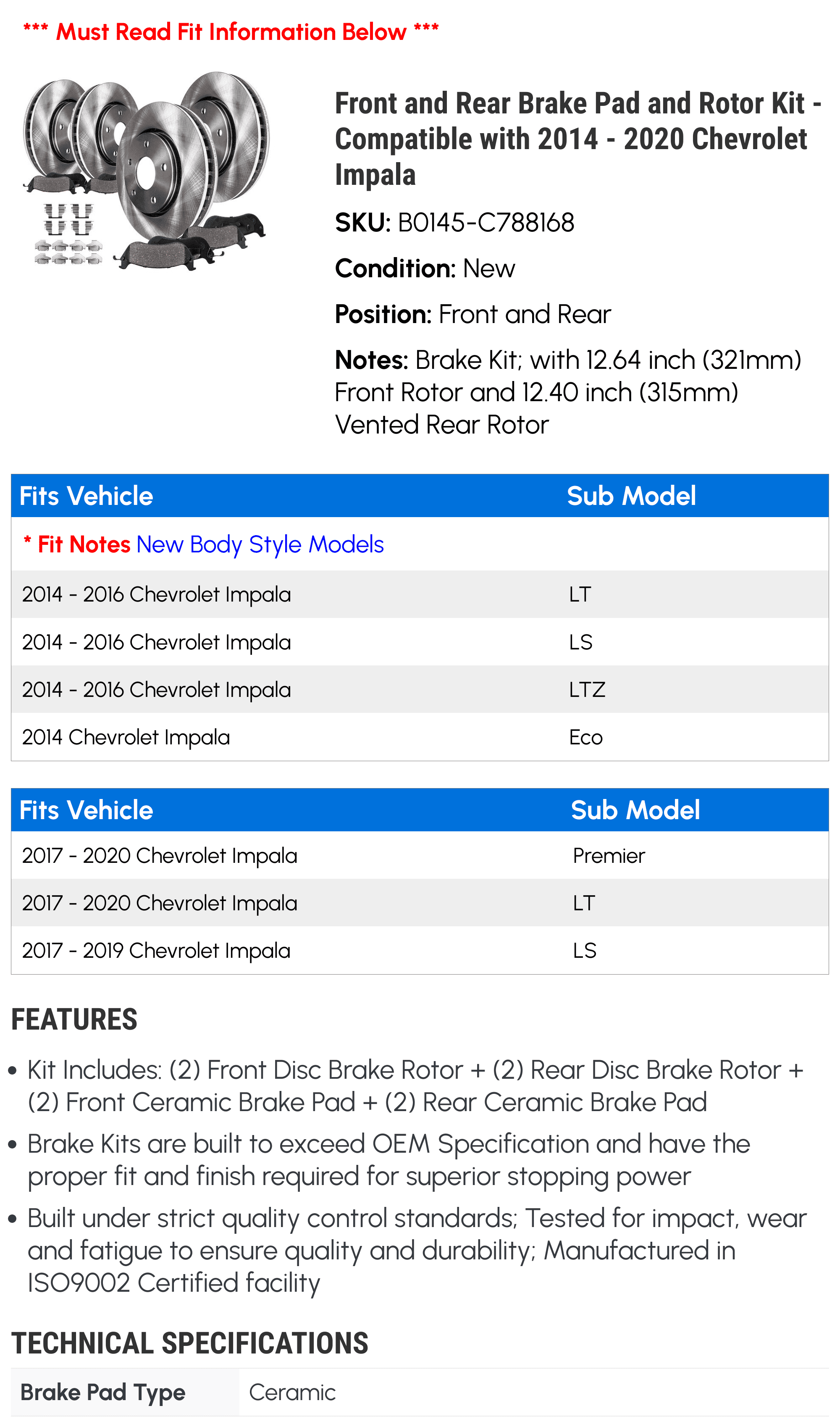 Front and Rear Brake Pad and Rotor Kit - Compatible with 2014 - 2020 Chevy Impala 2015 2016 2017 2018 2019