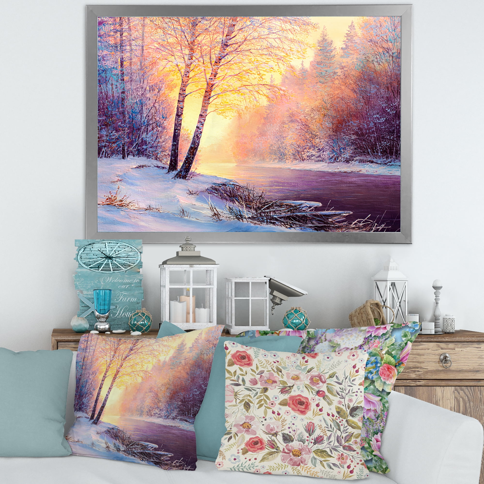 Bridge Of Meandering River With Winter Scenery II 32 in x 16 in Framed Painting Canvas Art Print, by Designart