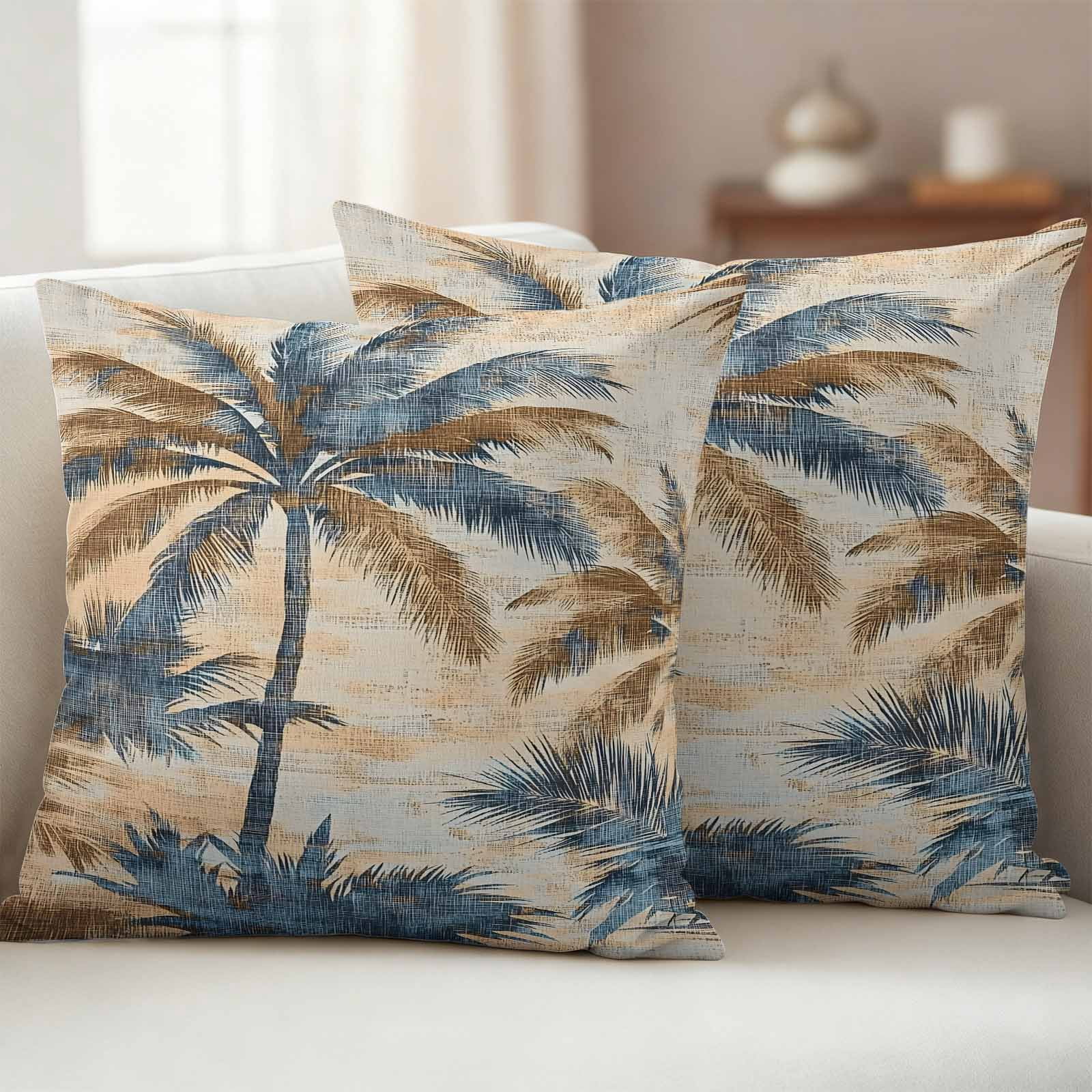Retro Palm Leaf Outdoor Pillow Covers 18"x18" Set of 2, Brown Blue Tropical Plant Waterproof Throw Pillow Covers for Patio Furniture, Decorative Cushion Covers for Porch