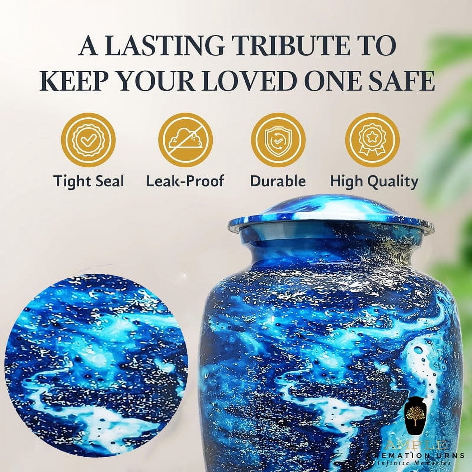 AMPLE CREMATION URNS | Blue Ocean Waves Cremation | Aluminum Urn with Soothing Sea-Inspired Design | Secure Airtight Lid | Memorial Urn for Adult Ashes | 200 lbs. | 6.5 x 10.5 inches | Blue