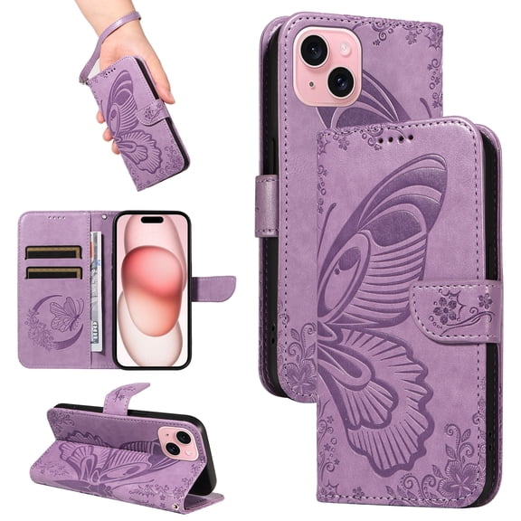 for iPhone 14 Case Wallet for Women, Flip Folio Cover with Butterfly Pattern PU Leather Stand Card Holder Slots Wrist Strap Protective Phone Case for iPhone 14, Purple