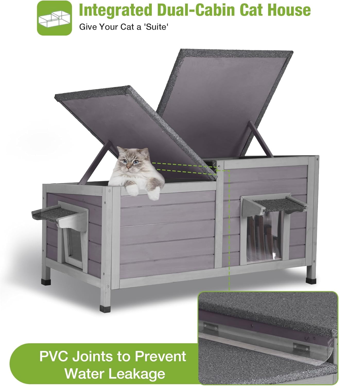 MEDEHOO Heated Cat House for Outside, Insulated Cat House Outdoor Weatherproof with Bite-Resistant Wires, Electric Heating Mat, 2 Access Doors & Openable Roof