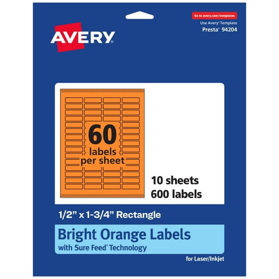 Avery Printable Rectangle Labels, Bright Orange, 0.5" x 1.75", 600ct