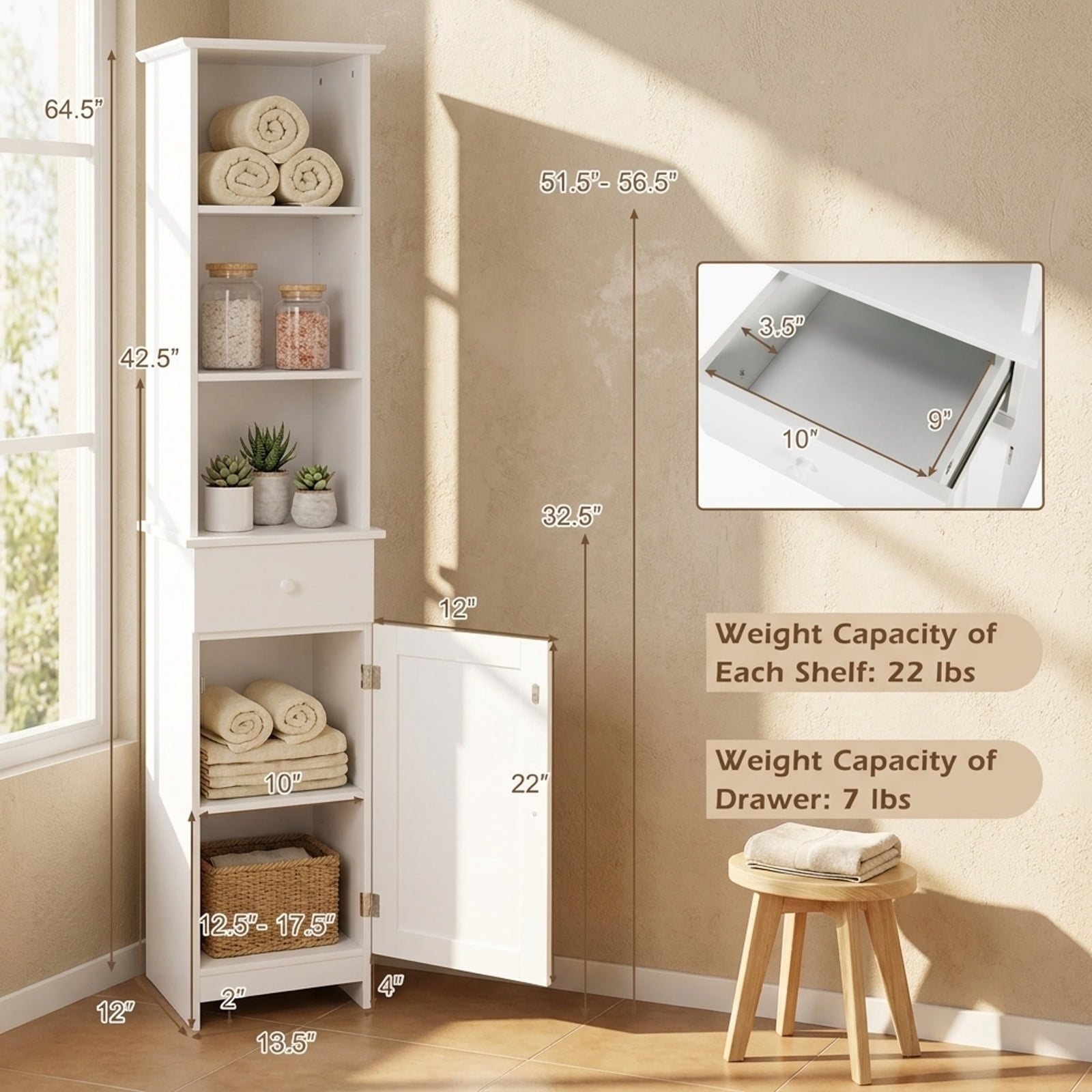 Vebreda Tall Freestanding Bathroom Storage Cabinet with Drawer, Door & 3 Open Shelves, Narrow Linen Tower Organizer with Adjustable Shelving for Bathroom, White