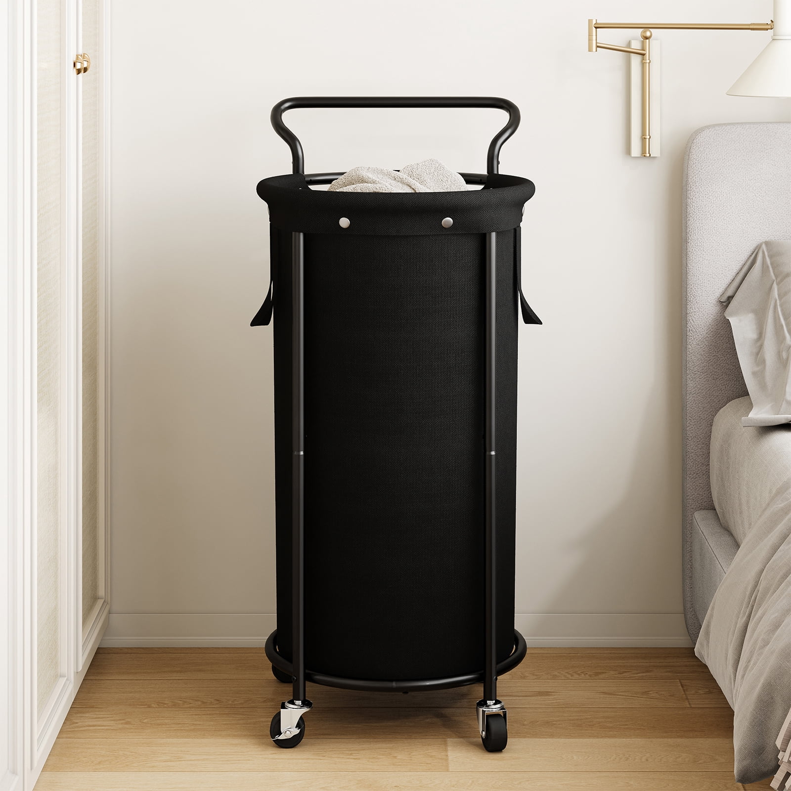 BGTREND 110L Rolling Laundry Hamper with Removable Bag, Round Steel Frame and Handle, Black