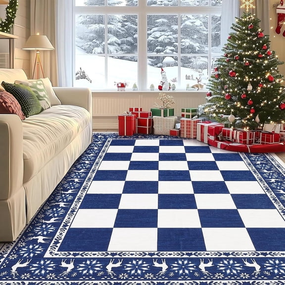 Blue 8x10ft Checkered Christmas Washable Area Rug, Non-Slip Indoor Holiday Decor Floor Mat