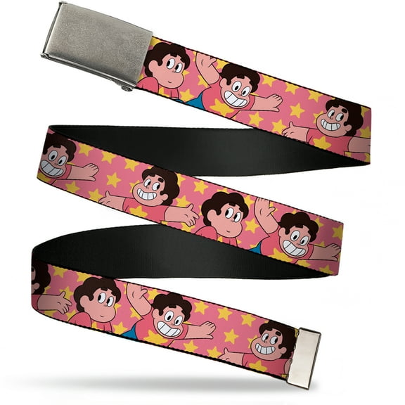 Adjustable Belt, Clamp Buckle, Cut-to-Fit, Steven Universe Poses and Stars Pink Yellow