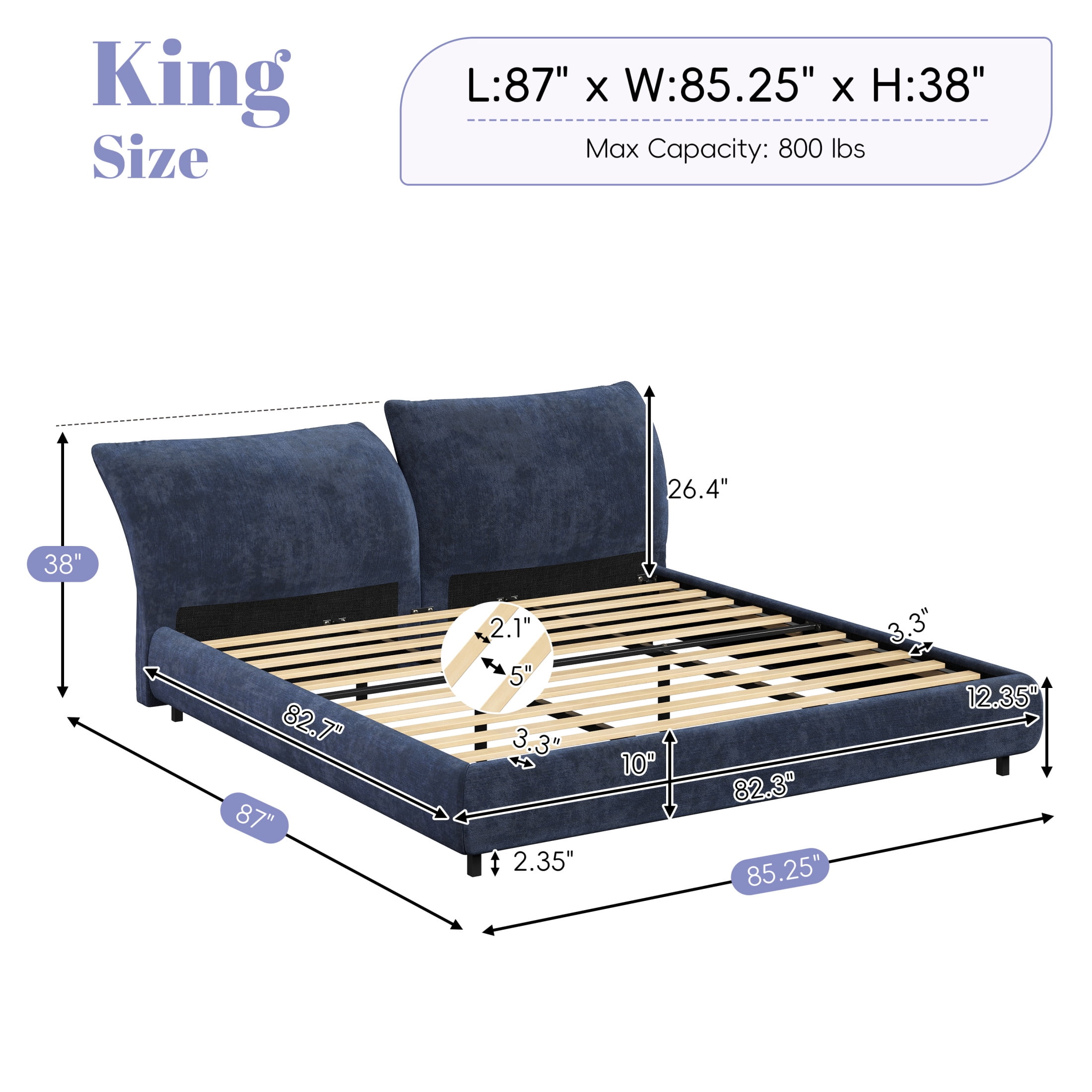Christopher Knight Home Minimalist Upholstered King Bed Frame with Adjustable Cushions, Dark Blue