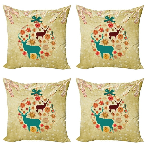 Ambesonne Christmas Throw Pillow Cover 4 Pack, Reindeer in Winter, 24", Beige