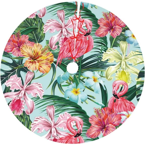 Tropical Flamingo Flower Palm Tree Leaf Botanical 36 Inch Christmas Tree Skirt Carpet Mat Funny Party Decor Supplies for Xmas Halloween Decorations Occasion Ornament