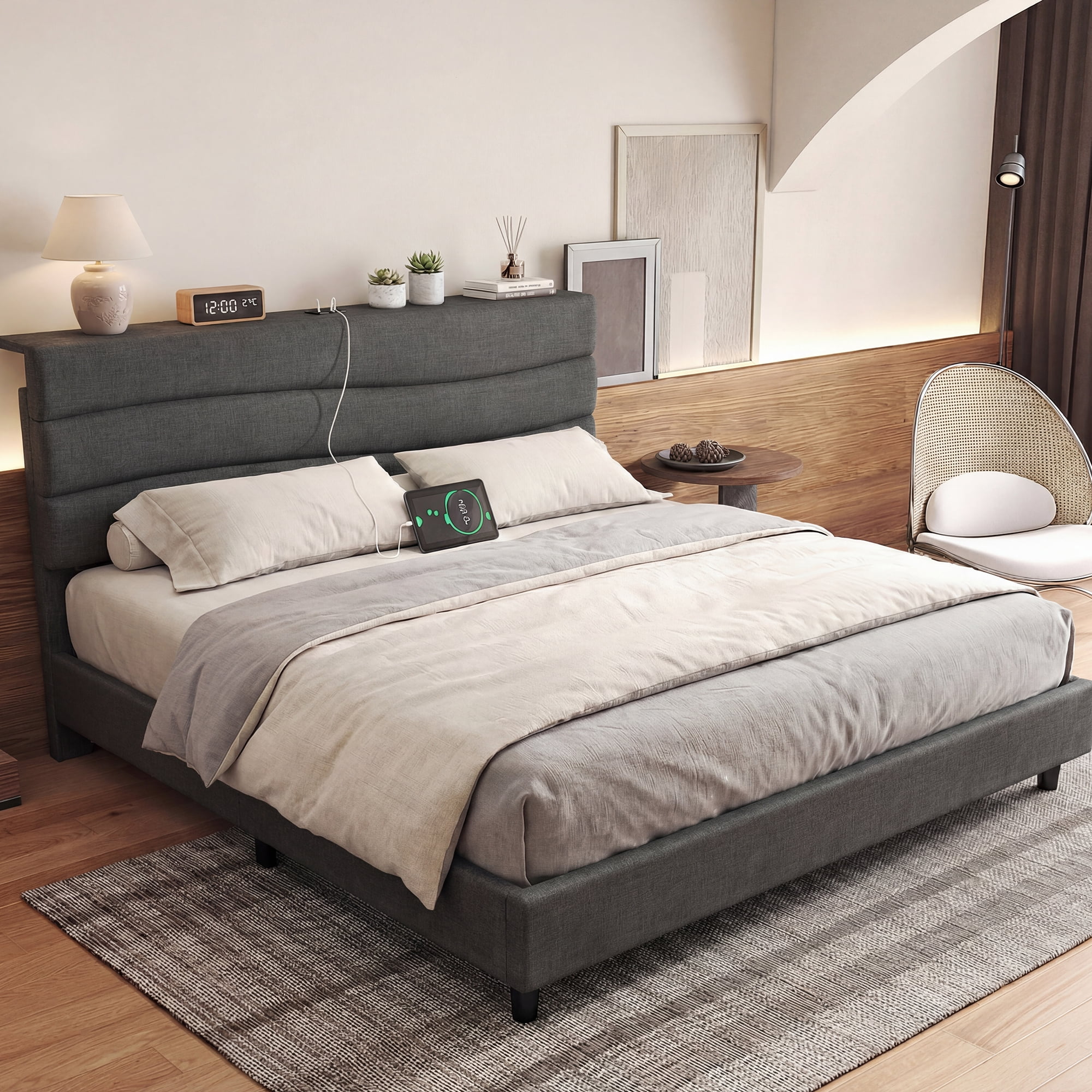 King Size Bed Frame with Storage Platform Upholstered Bed Frame with Adjustable Headboard & Charge Station,Gray