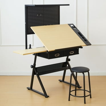 Multifunctional Drafting Table Metal Perforated Board Panel Adjustable Tilt & Height Storage Drawers & Stool Artists & Creators