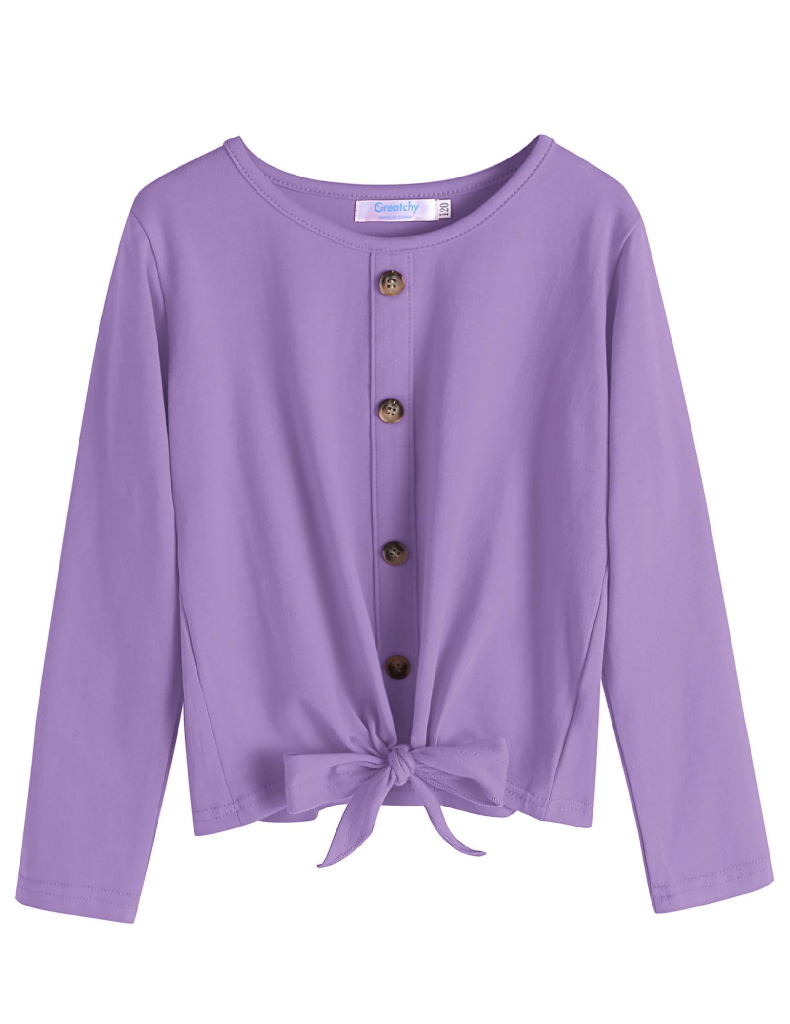 Girls Long Sleeve TShirts Cotton Tie Knot Button Tee Tops Shirts