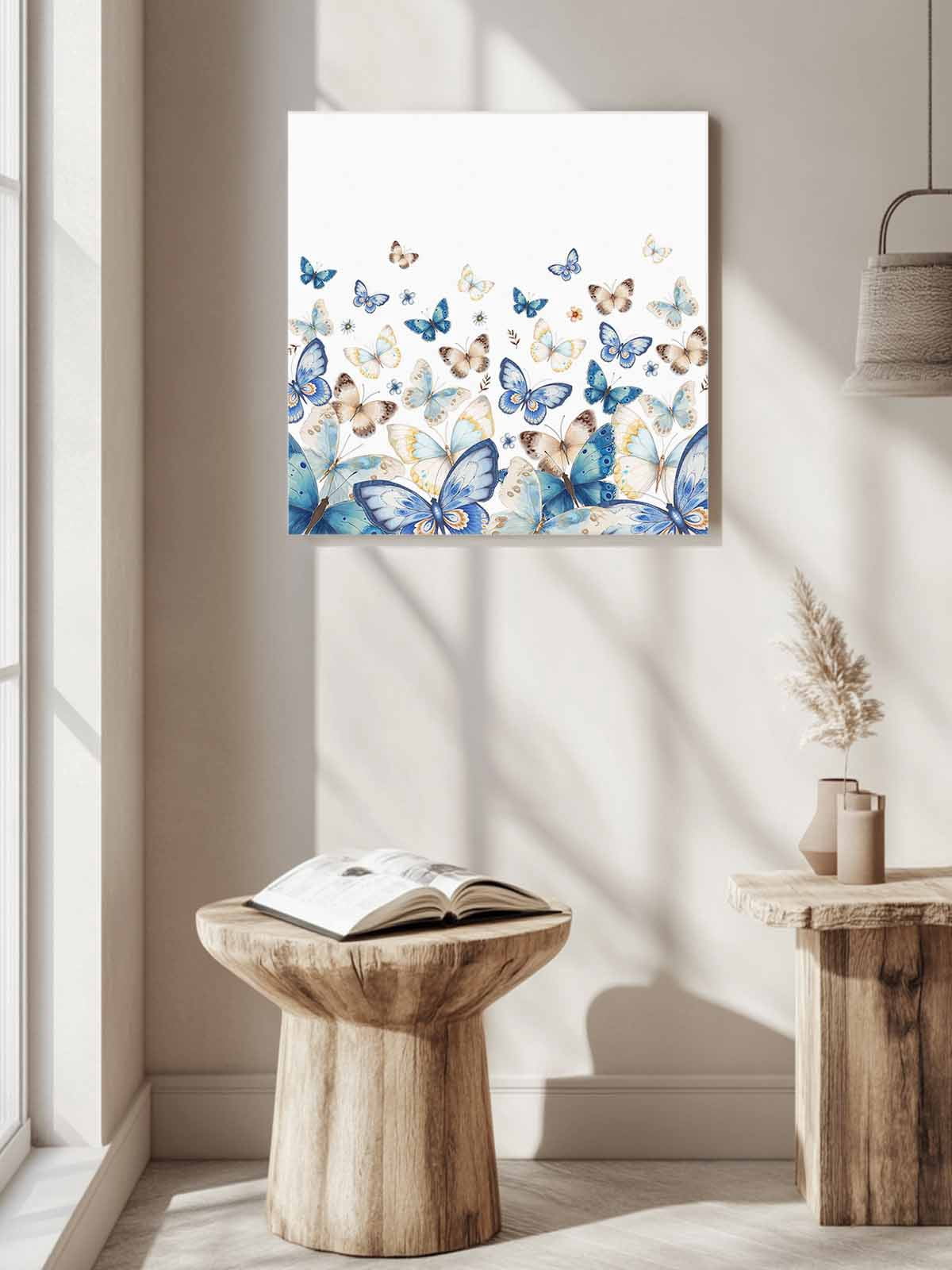 Blue Butterfly Canvas Wall Art, Farmhouse Floral Framed Wall Decor Modern Artwork Prints Painting for Living Room, Bedroom, Kitchen & Cafe Decor 28x28 Inch