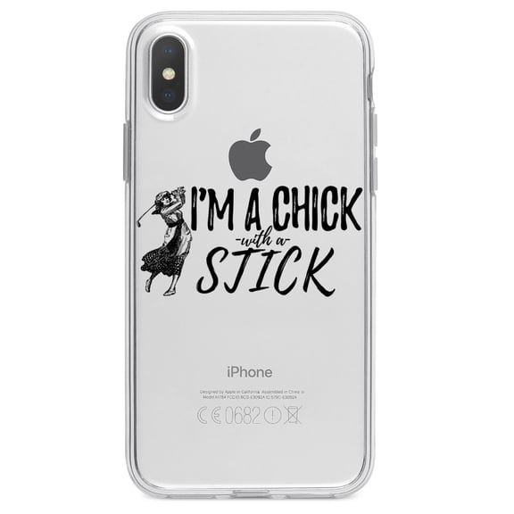 DistinctInk Clear Shockproof Hybrid Case for iPhone XR (6.1" Screen) - TPU Bumper Acrylic Back Tempered Glass Screen Protector - I'm a Chick with a Stick Golf