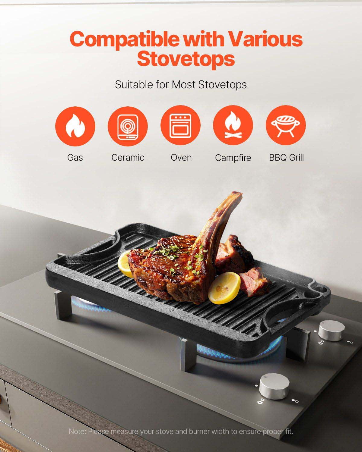 Cast Iron Griddle & Grill Pan, 14x8.5 Inch Reversible Cookware; Indoor Outdoor Stove Top, Gas, Camping BBQ, Pre-Seasoned Rectangular Griddle