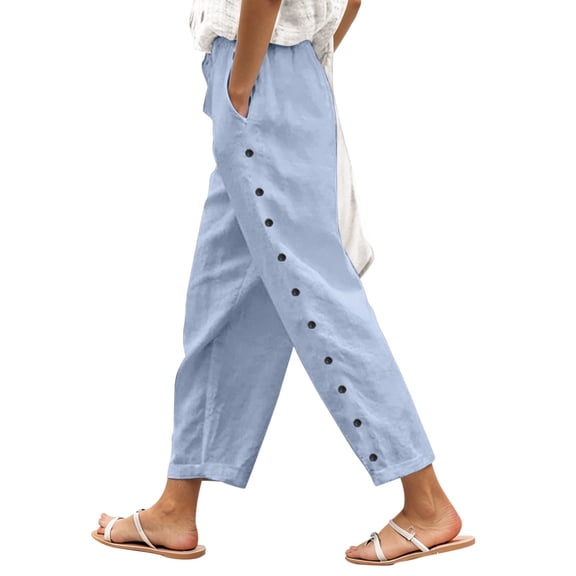 EDFBUYKRS Female Women Pants Casual Linen Pants Women Tall Long Women's Solid Color Elastic Waist Loose Side Buckle Decoration with Pockets At The Back Versatile Cropped Casual Pants Xxl