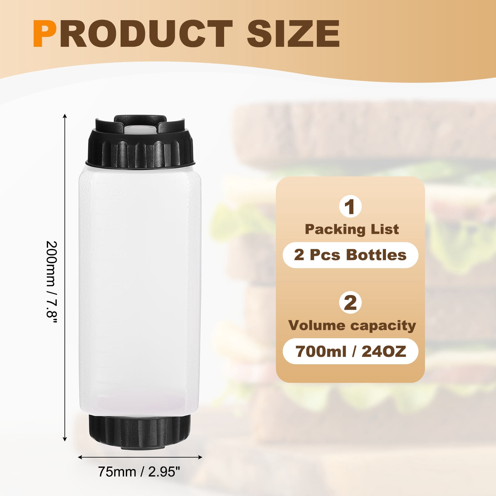 Uxcell Condiment Squeeze Bottles for Sauces, 2pcs 24 oz Refillable Square Double Head Bottle, Dispensers Leak Proof for Cooking Oil Seasoning Honey Syrup, Black