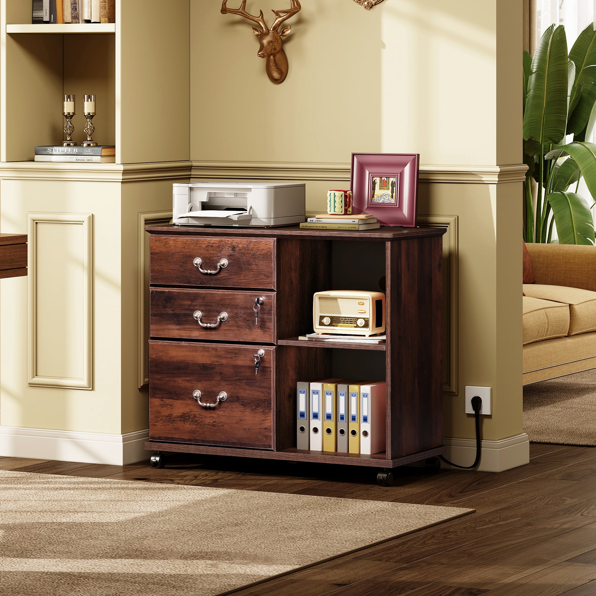 GALAXHERO 3 Drawer File Cabinet with Charging Station, Wood Lateral Filing Cabinet with Lock, Rolling Printer Stand with Storage for Home Office, Brown Oak